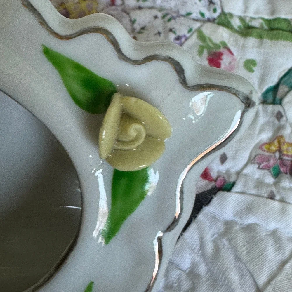 Vintage Porcelain Rose Picture Frame Hand Painted 22Kt Gold Trim White Yellow